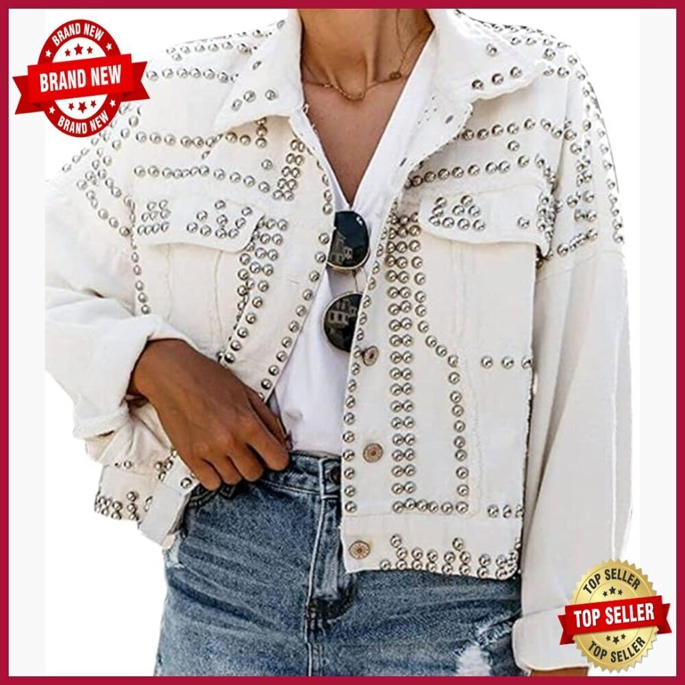 Distressed Denim Jacket with Fringe Studded Details Crop Fit